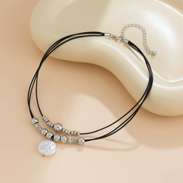 Fashion Temperament Alien Imitation Pearl Pendant Necklace Geometric Handmade Wax Thread