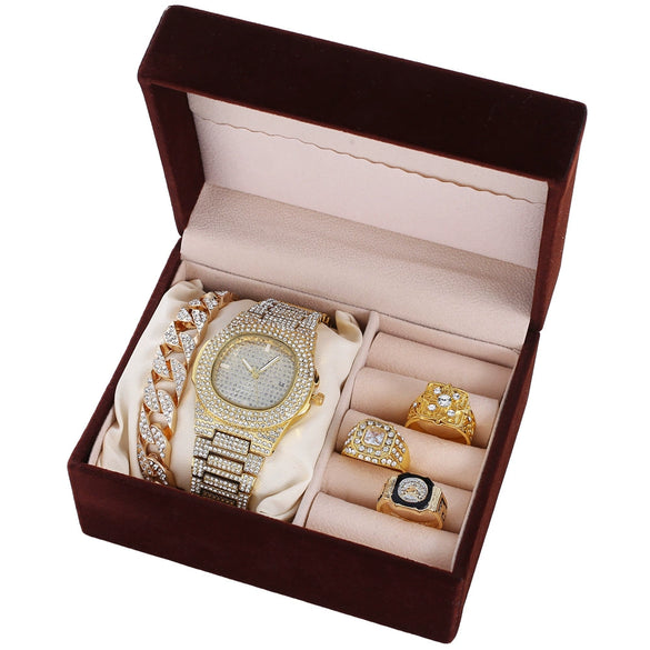 Fashion Temperament Leisure Suit Gift Box For Female With Diamondencrusted Calendar Disc Watch Bracelet And Ring Alloy Case Stainless Steel Strap Round Dial Ordinary Glass Mirror