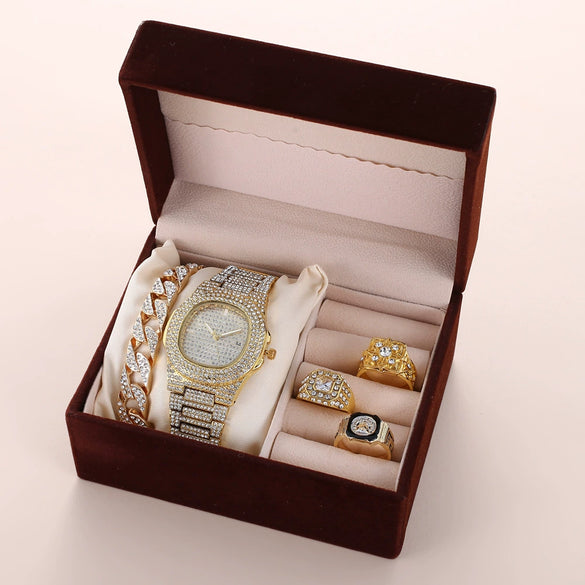 Fashion Temperament Leisure Suit Gift Box For Female With Diamondencrusted Calendar Disc Watch Bracelet And Ring Alloy Case Stainless Steel Strap Round Dial Ordinary Glass Mirror
