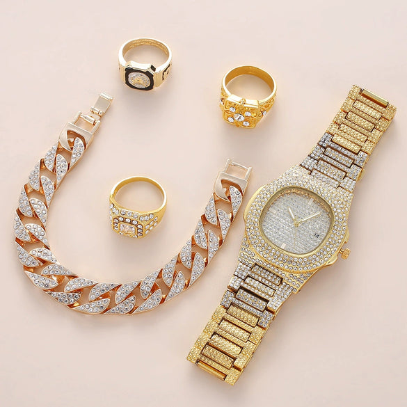 Fashion Temperament Leisure Suit Gift Box For Female With Diamondencrusted Calendar Disc Watch Bracelet And Ring Alloy Case Stainless Steel Strap Round Dial Ordinary Glass Mirror