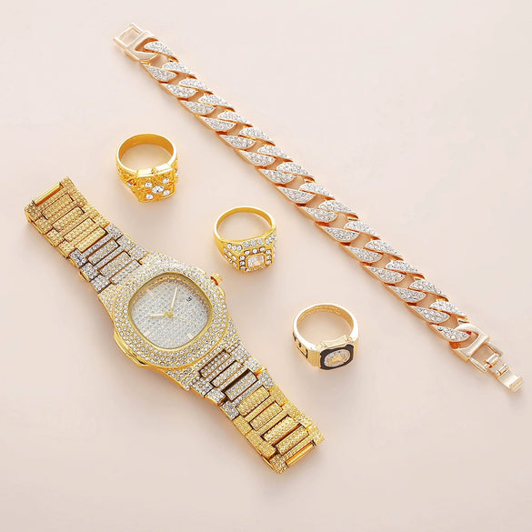 Fashion Temperament Leisure Suit Gift Box For Female With Diamondencrusted Calendar Disc Watch Bracelet And Ring Alloy Case Stainless Steel Strap Round Dial Ordinary Glass Mirror