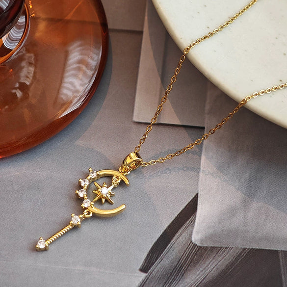 Fashion Temperament Star Moon Tassel Clavicle Chain Jewelry For Women Titanium Steel Geometric Electroplated