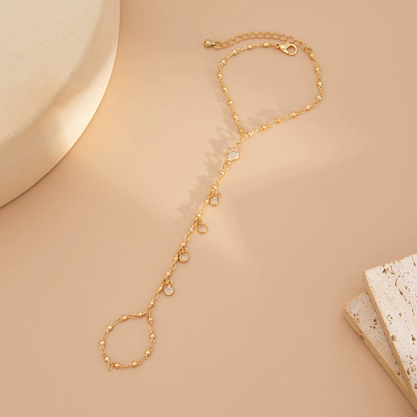 Fashion Textured Metal Pleated Glossy Ins Style Crystal Chain Finger Bracelet For Women With Electroplating