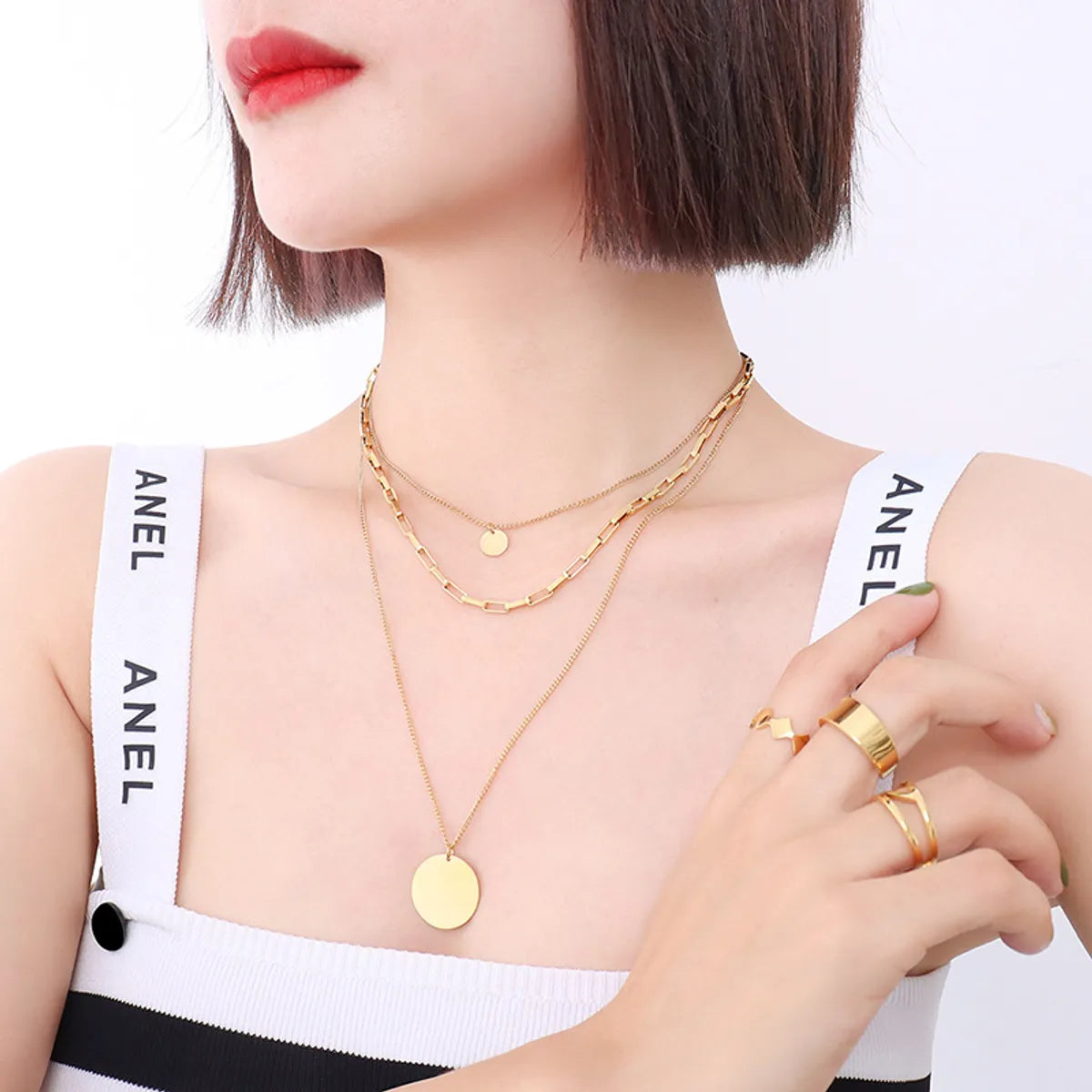 Fashion Three-layered Clavicle Chain Titanium Steel Plated 18k Real Gold Necklace Wholesale