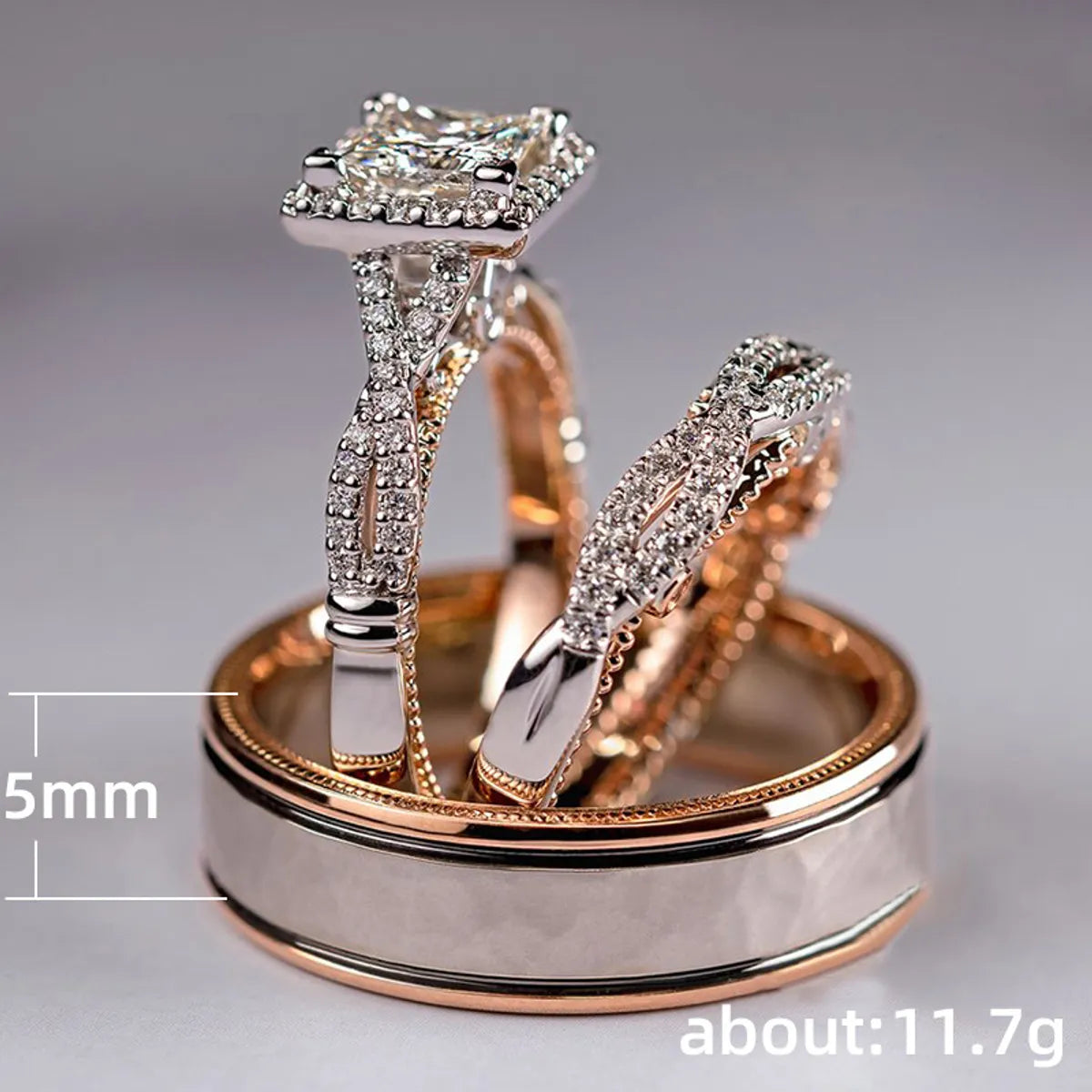 Fashion Three-piece Ring Rose Gold Sparkling Zircon Copper Ring Luxury Engagement Ring