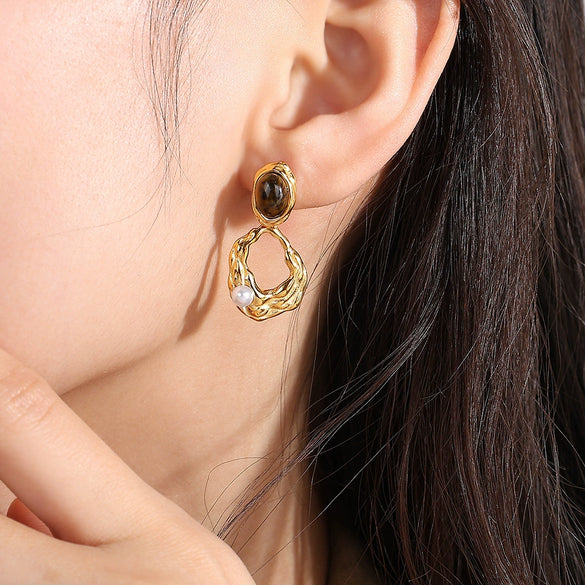 Fashion Tiger's Eye 316L Stainless Steel Electroplated Women's Earrings