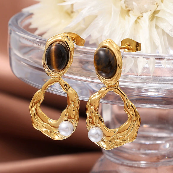 Fashion Tiger's Eye 316L Stainless Steel Electroplated Women's Earrings