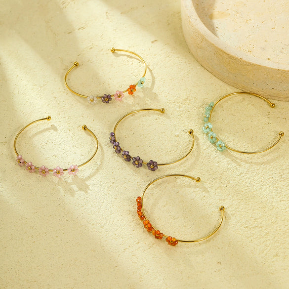 Fashion Titanium Steel And Stainless Steel Flower And Cross Bracelet With Electroplating Treatment And Zircon Inlay
