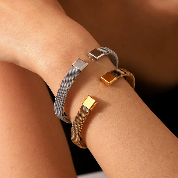 Fashion Titanium Steel And Stainless Steel Woven Mesh Flat Open Women's Geometric Electroplated Bracelet That Does Not Fade