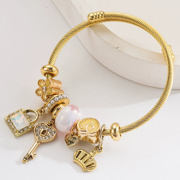 Fashion Titanium Steel Bracelet For Women With Crystal Beaded Key Crown Love Pendant And Diamonds