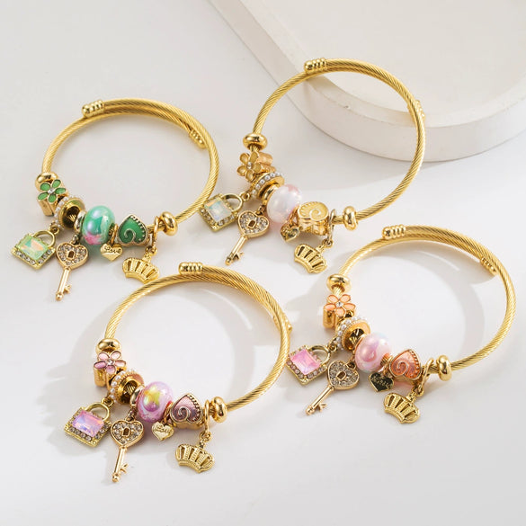 Fashion Titanium Steel Bracelet For Women With Crystal Beaded Key Crown Love Pendant And Diamonds
