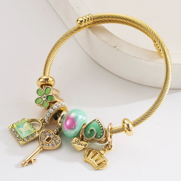 Fashion Titanium Steel Bracelet For Women With Crystal Beaded Key Crown Love Pendant And Diamonds