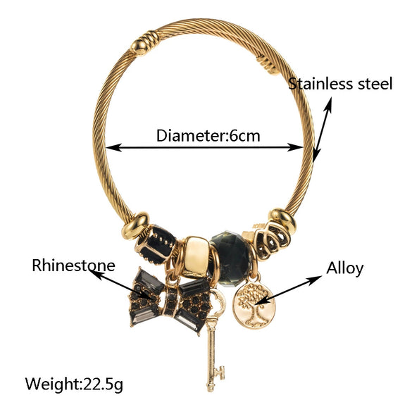 Fashion Titanium Steel Bracelet With Crystal Beaded Bow And Diamond Pendant For Women