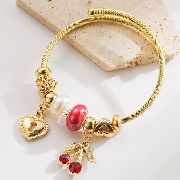 Fashion Titanium Steel Bracelet With Crystal Beaded Cherry Owl Star Sun Diamond Pendant Sweet Fruit Food Style Unisex Set With Diamonds