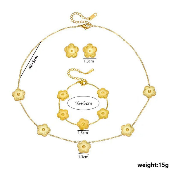 Fashion Titanium Steel Five Leaf Clover Electroplated Jewelry Set Necklace Bracelet