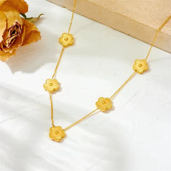 Fashion Titanium Steel Five Leaf Clover Electroplated Jewelry Set Necklace Bracelet
