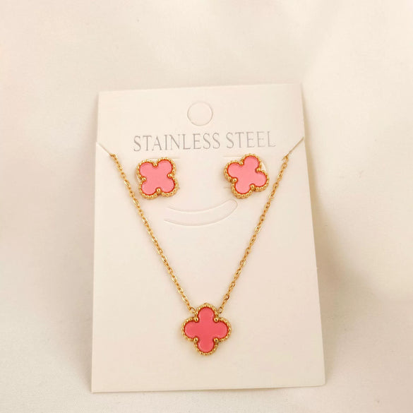 Fashion Titanium Steel Fourleaf Clover Necklace And Earrings Set With Furnace Vacuum Plating