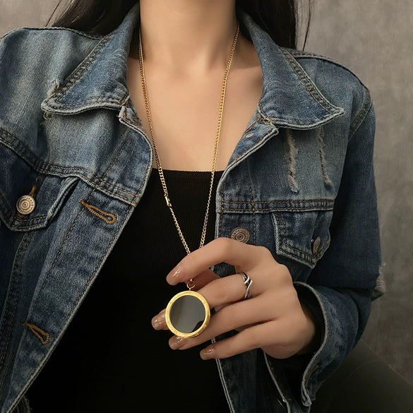Fashion Titanium Steel Geometric Plaid Water Wave Chain Long Round Necklace Unisex Accessories