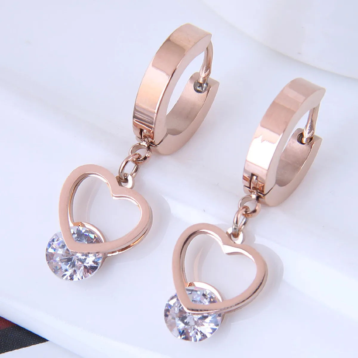 Fashion Titanium Steel Peach Heart Zircon Earrings