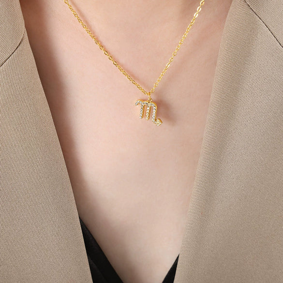 Fashion 316L Stainless Steel Twelve Constellation Geometric Rhinestone Inlaid Necklace Accessories