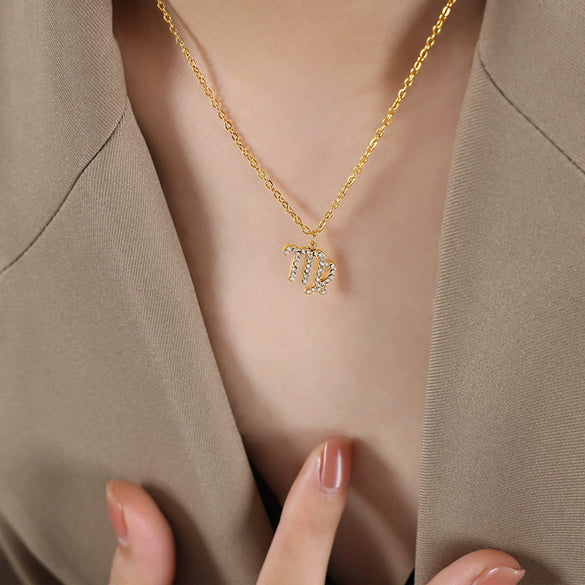 Fashion 316L Stainless Steel Twelve Constellation Geometric Rhinestone Inlaid Necklace Accessories