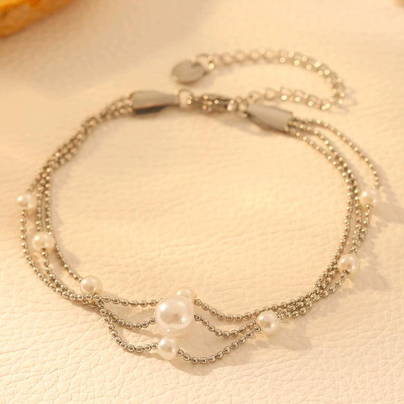 Fashion Titanium Steel Women's Bracelet With Nine Pearl Threelayer Design Cartoon Plant Flowers Electroplated