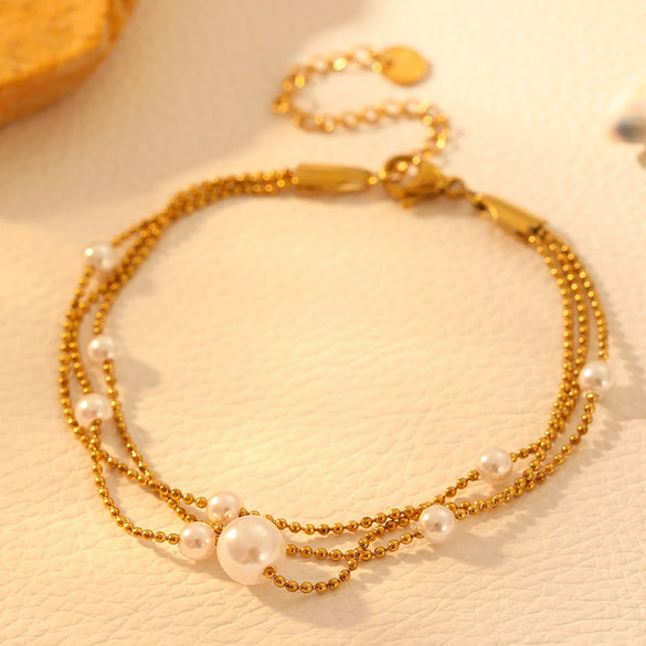 Fashion Titanium Steel Women's Bracelet With Nine Pearl Threelayer Design Cartoon Plant Flowers Electroplated