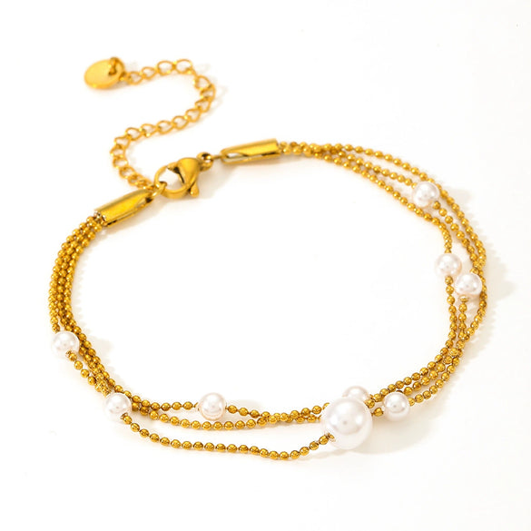 Fashion Titanium Steel Women's Bracelet With Nine Pearl Threelayer Design Cartoon Plant Flowers Electroplated