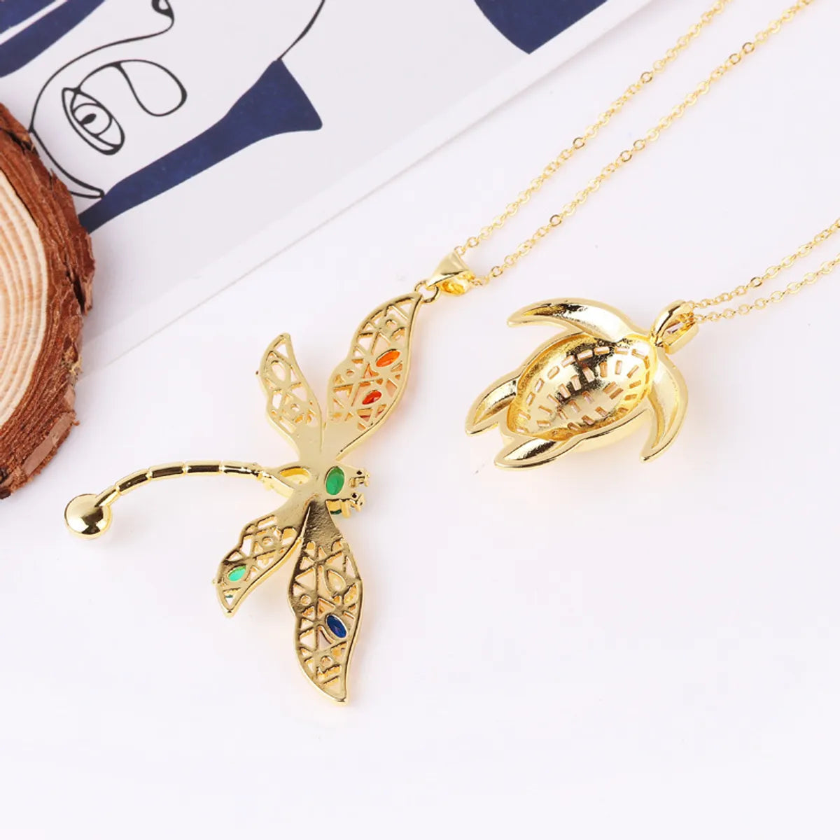 Fashion Tortoise Dragonfly Copper 18k Gold Plated Zircon Pendant Necklace In Bulk