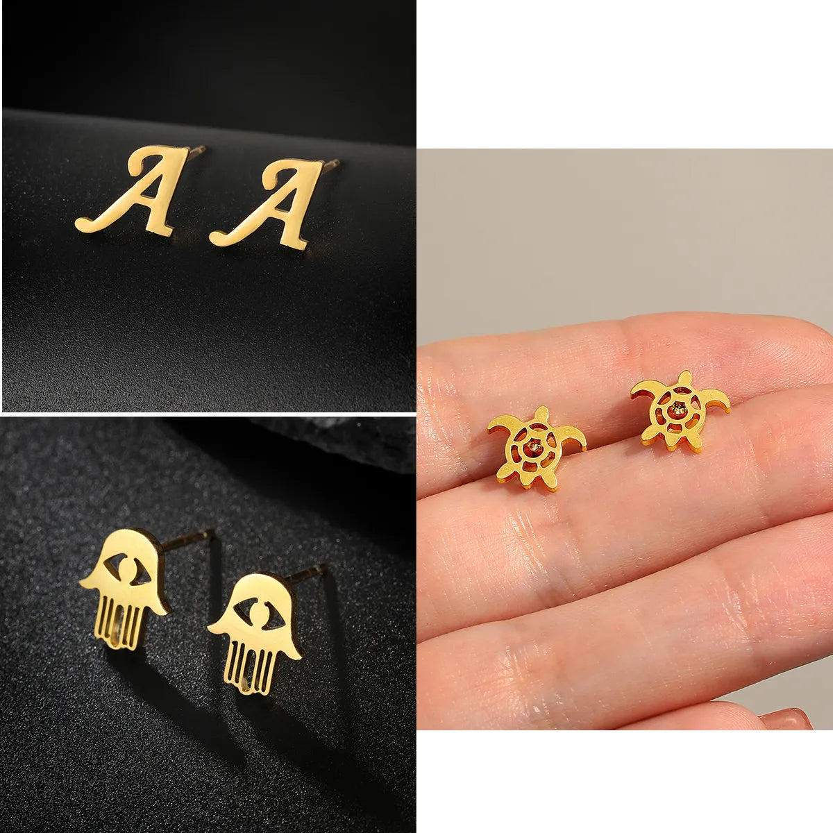 1 Pair Fashion Tortoise Letter  Plating Hollow Out Stainless Steel 18k Gold Plated Ear Studs