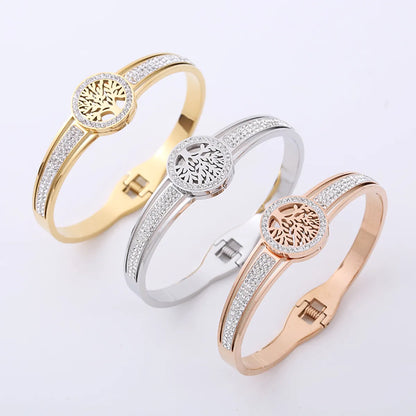 Fashion Tree Stainless Steel Hollow Out Rhinestones Bangle