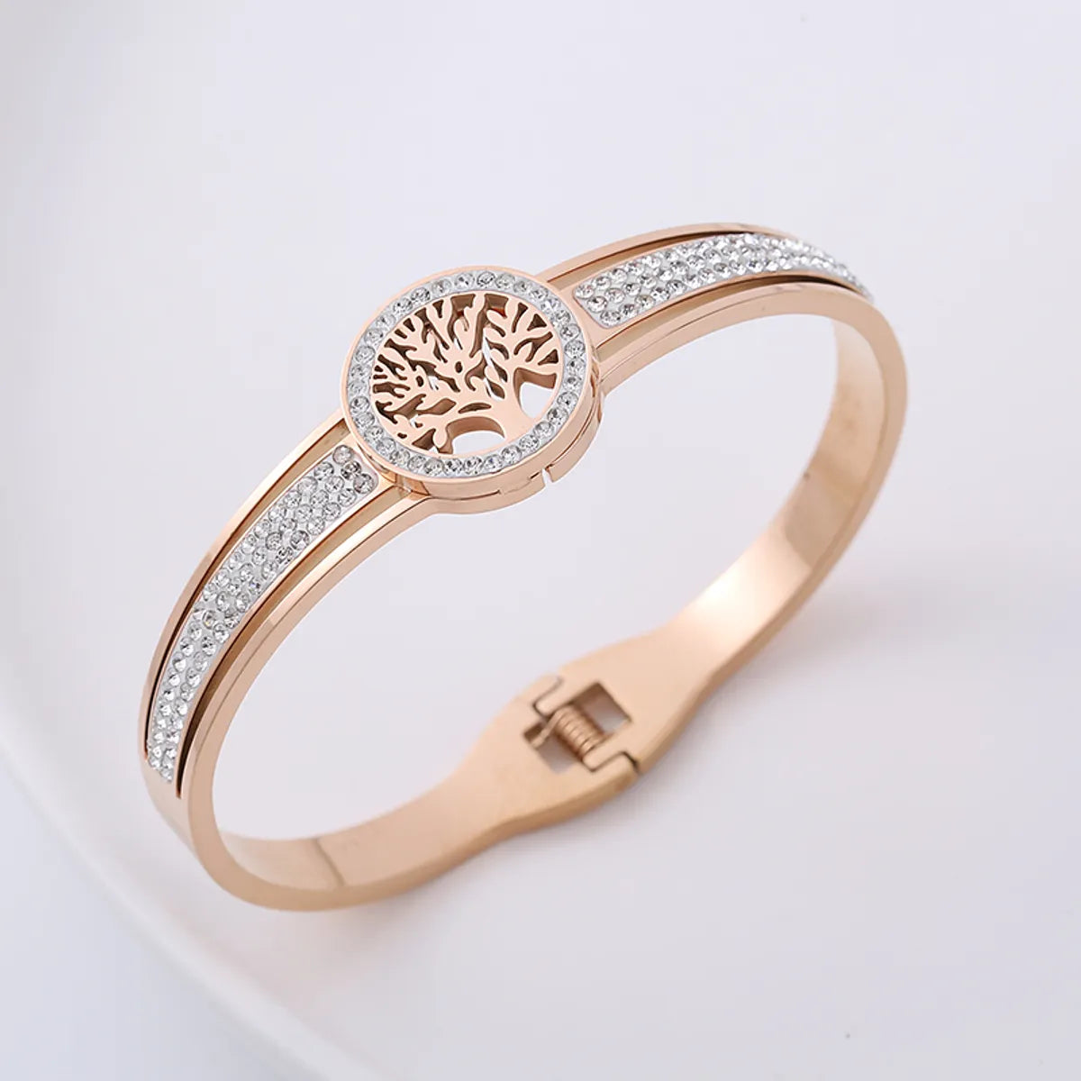 Fashion Tree Stainless Steel Hollow Out Rhinestones Bangle