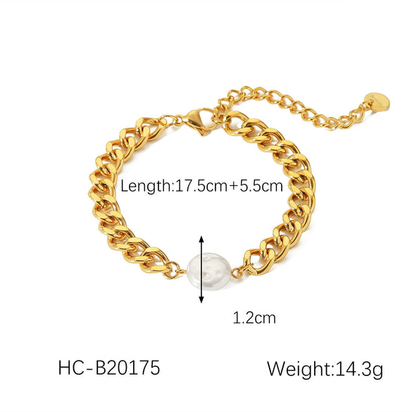Fashion Trend Baroque Pearl Stainless Steel Cuban Chain Women's Geometric Bracelet With Electroplating