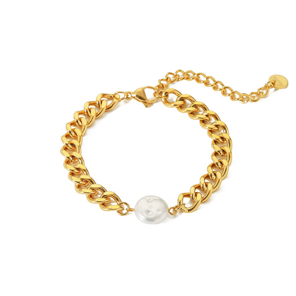 Fashion Trend Baroque Pearl Stainless Steel Cuban Chain Women's Geometric Bracelet With Electroplating
