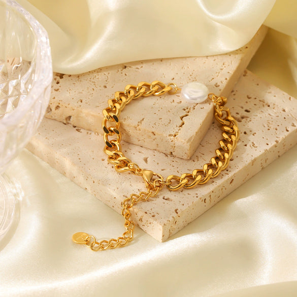 Fashion Trend Baroque Pearl Stainless Steel Cuban Chain Women's Geometric Bracelet With Electroplating