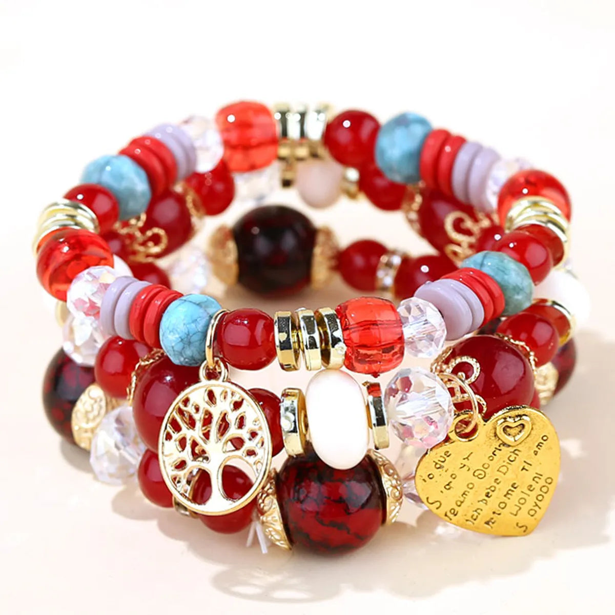 Fashion Trend Concise  Versatile Metal Peach Heart Pendant Candy Beads Multilayer Alloy Bracelet