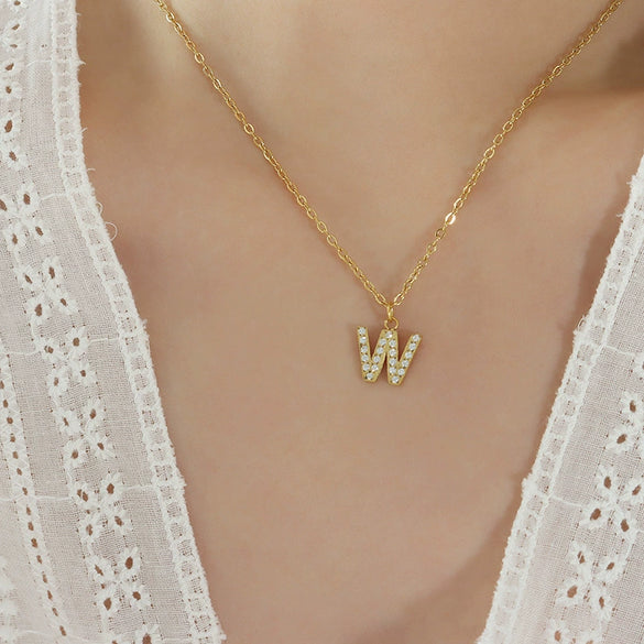 Fashion Trend Diamond Pendant Necklace With 26 Letters For Women Titanium Steel Gold Plated Electroplated Mixed Gemstone Setting