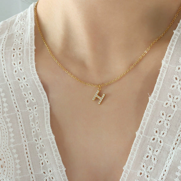 Fashion Trend Diamond Pendant Necklace With 26 Letters For Women Titanium Steel Gold Plated Electroplated Mixed Gemstone Setting