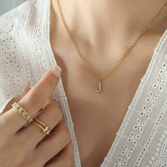 Fashion Trend Diamond Pendant Necklace With 26 Letters For Women Titanium Steel Gold Plated Electroplated Mixed Gemstone Setting