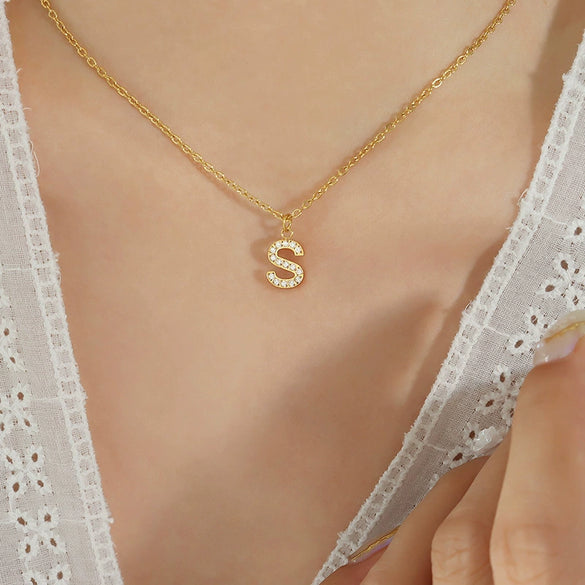 Fashion Trend Diamond Pendant Necklace With 26 Letters For Women Titanium Steel Gold Plated Electroplated Mixed Gemstone Setting