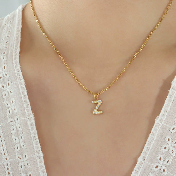 Fashion Trend Diamond Pendant Necklace With 26 Letters For Women Titanium Steel Gold Plated Electroplated Mixed Gemstone Setting