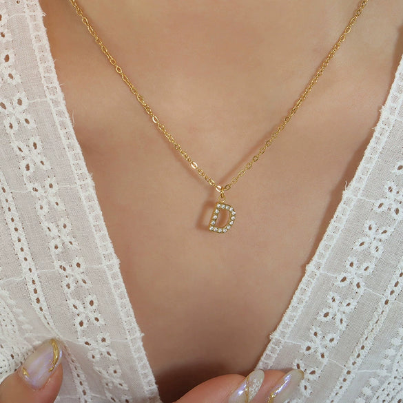 Fashion Trend Diamond Pendant Necklace With 26 Letters For Women Titanium Steel Gold Plated Electroplated Mixed Gemstone Setting