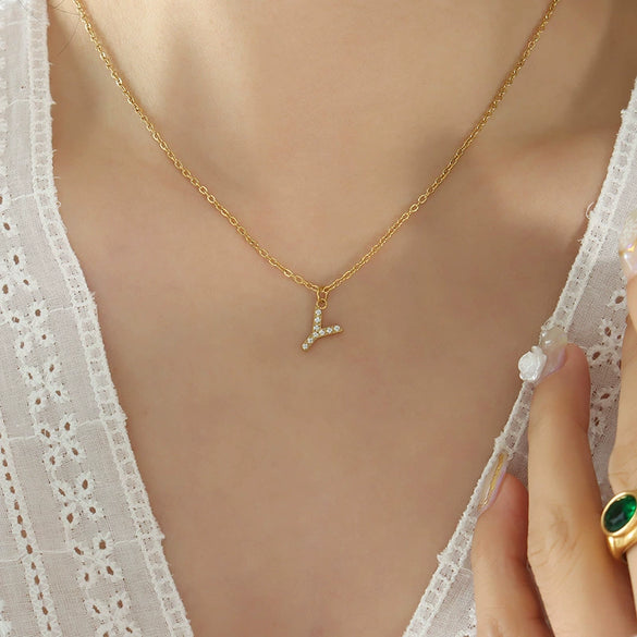Fashion Trend Diamond Pendant Necklace With 26 Letters For Women Titanium Steel Gold Plated Electroplated Mixed Gemstone Setting