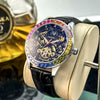 Fashion Trend Diamondstudded Automatic Mechanical Skeleton Watch For Men With Round Dial Genuine Leather Strap Stainless Steel Buckle And Alloy Case Mineral Reinforced Glass Mirror