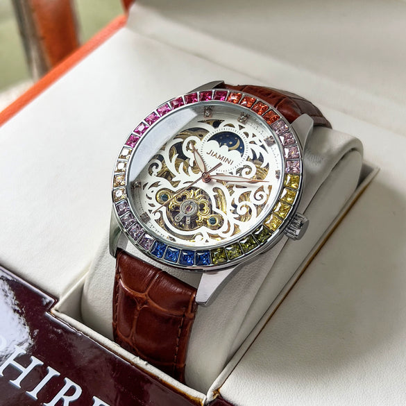 Fashion Trend Diamondstudded Automatic Mechanical Skeleton Watch For Men With Round Dial Genuine Leather Strap Stainless Steel Buckle And Alloy Case Mineral Reinforced Glass Mirror