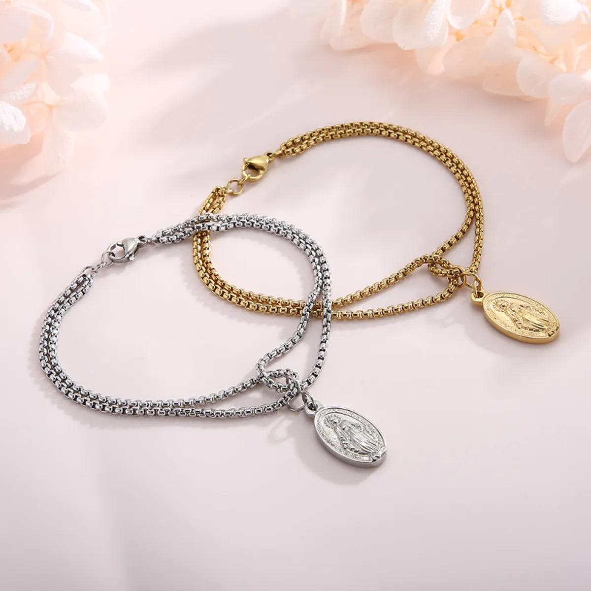 Fashion Trend Double Pearl Chain Oval Goddess Pendant Bracelet