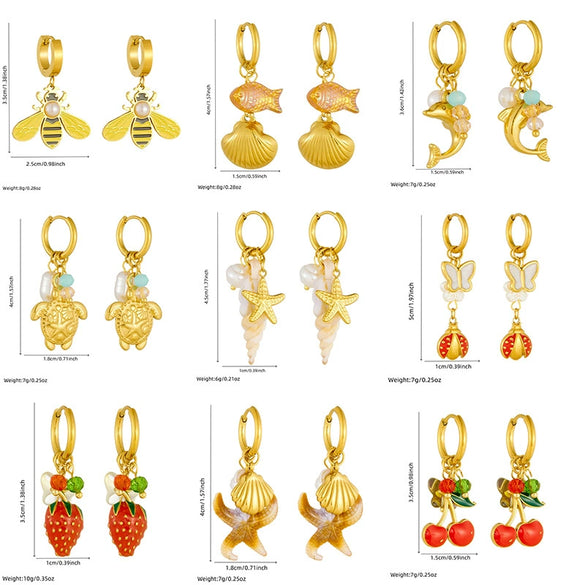 Fashion Trendy Conch Shell Stainless Steel Fruit Butterfly Pendant Earrings With Electroplating
