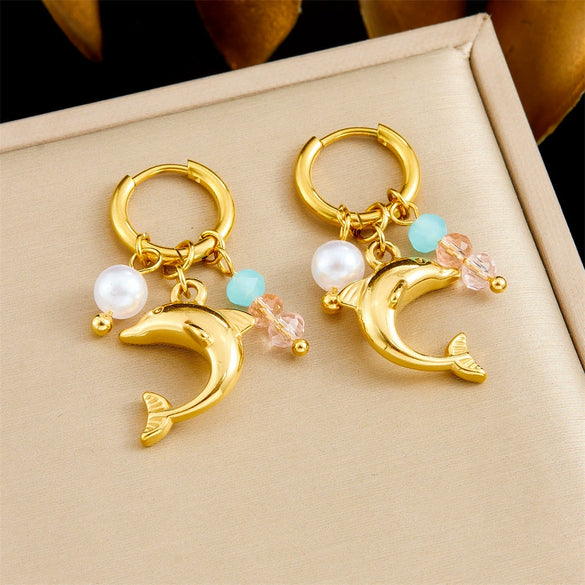 Fashion Trendy Conch Shell Stainless Steel Fruit Butterfly Pendant Earrings With Electroplating