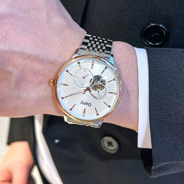 Fashion Trendy Fully Automatic Mechanical Men's Watch With Doublesided Cut Out Solid Butterfly Buckle Steel Belt Alloy Case Mineral Reinforced Glass Mirror