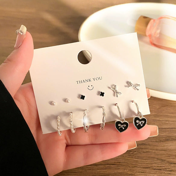 Fashion Trendy Oildropping Heart Butterfly Imitation Pearl Alloy Earrings Set For Women With Electroplating